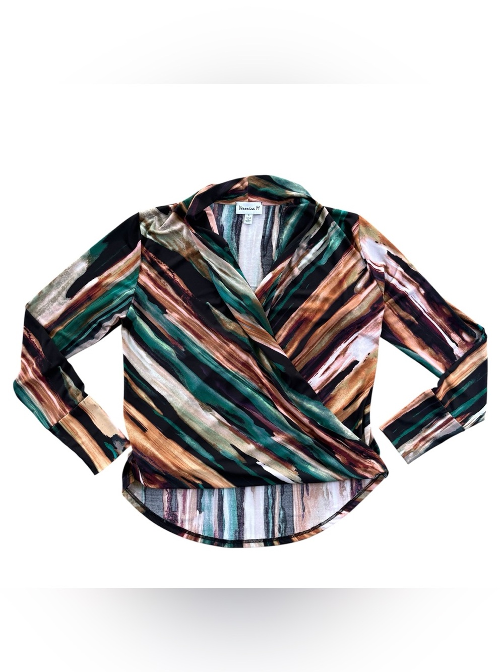Veronica M Striped Wrap Button-Down Blouse in Green, Brown, Black
